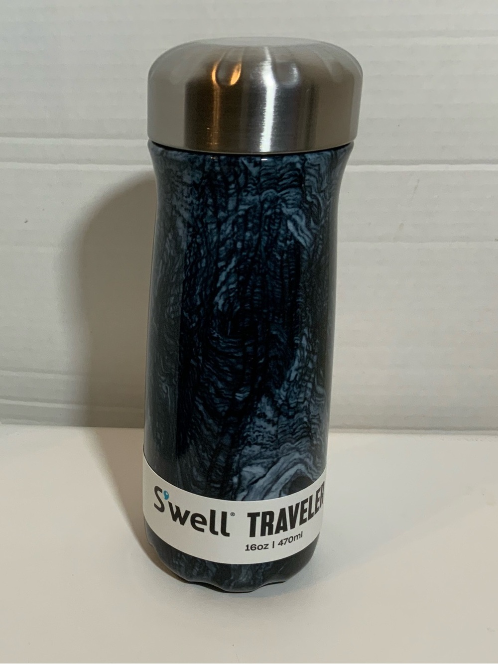 S'well Traveler Insulated Bottle in Dark Marble Blue and Silver
